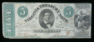 1862 Civil War $5 Virginia Treasury Note Richmond Obsolete Us Paper Money