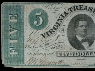 1862 Civil War $5 Virginia Treasury Note Richmond Obsolete US Paper Money 2