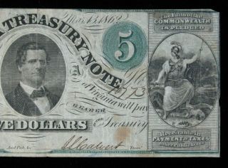 1862 Civil War $5 Virginia Treasury Note Richmond Obsolete US Paper Money 3
