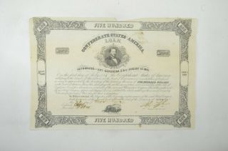 Authentic - 1862 Confederate States - Civil War $500 Bond Certificate 005