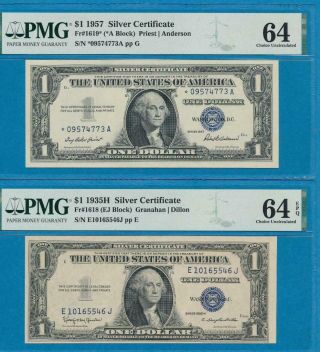 $1.  00 1957 Star,  $1.  00 1935 - H Silver Certificate Pmg Choice 64epq Pair