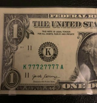 Fancy Serial Number Note 7 Of A Kind 2017 $1 K77727777a Lucky Number 7