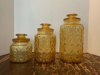 Vintage Le Smith Imperial Atterbury Scroll Amber Glass Canister Set Of 3