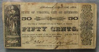 Civil War Relic City Of Richmond Fifty Cent Bank Note Dated April 14th,  1862