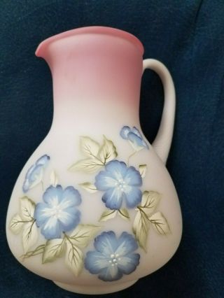 Fenton Blue Burmese Hibiscus Water Pitcher - Hand Painted By Jane Reynolds