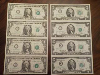 1976 Star $2 Replacement & 1985 $1 Unc Uncut Sheets - 4 Notes On Each Sheet