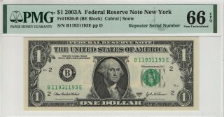 2003 A $1 Federal Reserve Note York Repeater Serial Pmg Gem 66 Epq (193e)