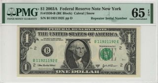 2003 A $1 Federal Reserve Note York Repeater Serial Pmg Gem 65 Epq (192e)