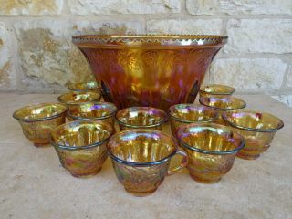 Indiana Iridescent Amber Harvest Grape Carnival Glass Punch Bowl W/12 Cups