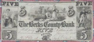 The Berks County Bank Reading Pennsylvania Five Dollars ($5) Note June 1,  1841