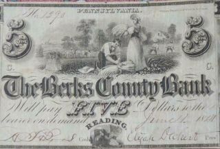 The Berks County Bank Reading Pennsylvania Five Dollars ($5) Note June 1,  1841 2