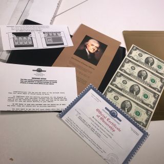 2003 $2 Dollar Bills Uncut Sheet Of 4 Usd Notes,  Jefferson,  Folder Papers [eb02]