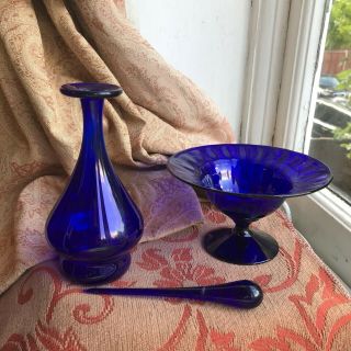Pair Bristol Blue Cobalt Glass Scent Bottle Decanter And Bon Bon Stemmed Bowl D