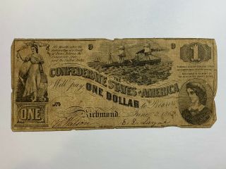 1862 $1 Confederate States Of America Richmond Obsolete Note