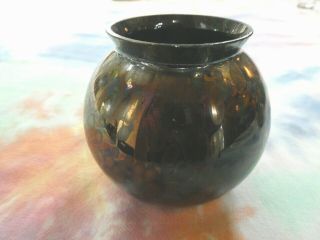 Czech Hand Blown Art Glass Vase Blk Base Blue Purple Oil Drop 3 3/4 Hi And Wide