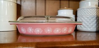 Vintage Pyrex Pink Daisy Divided Casserole Baking Dish With Lid 1.  5 Qt.
