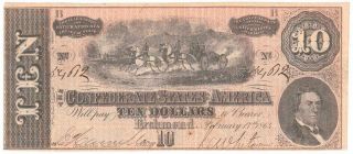 1864 $10 Ten Dollar Confederate Currency Note T - 68 C211
