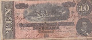 10 Dollars Fine Banknote From Confederate States Of America 1864