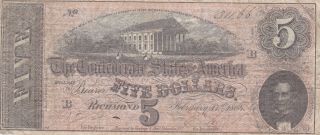 5 Dollars Vg - Fine Banknote From Confederate States Of America 1864