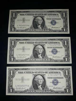 1957 A $1 Silver Certificates (3 Consecutive) No Folds - Gem Centering See