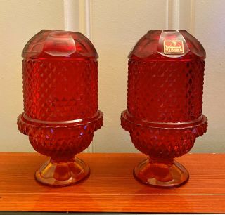 Pair Viking Glass Diamond Point Ruby Red Fairy Lamp Light Candleholder W/ Label