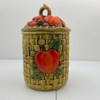 Vintage Lefton Ceramic Basket Weave Fruit Apple Yellow Canister Biscuit Jar