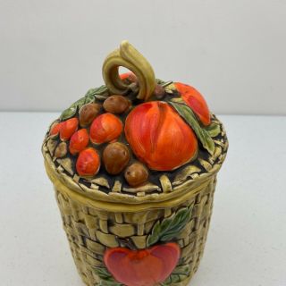 Vintage Lefton Ceramic Basket Weave Fruit Apple Yellow Canister Biscuit Jar 2