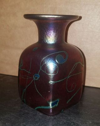 Vintage Robert Held Art Glass Iridescent Carnival Oilspot ? Vase 4 3/4” Signed