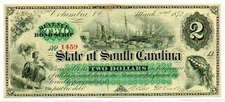 1872 $2 State Of South Carolina Columbia Obsolete Reconstruction Period Gem Note