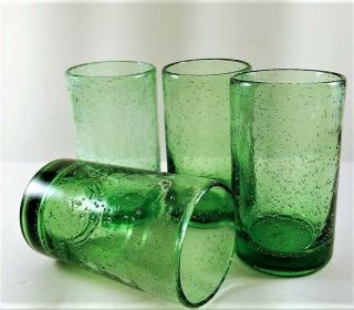 4 - Vintage Mexican Hand Blown Art Glass Green Tumblers Glasses Bubbles Pontil