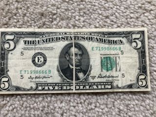 1950 B Series Five Dollar Federal Reserve Note With A Misprint On Front Of Bill