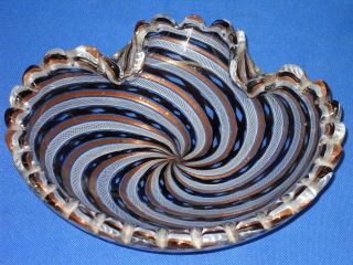 Murano Glass Ash Tray,  Heavy Gold Bands,  Braided Bands,  Swirl Mold.