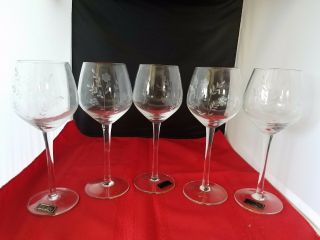 5 Toscany Hand Blown Wine Glasses Etched Floral Design 8 " H Made In Romania
