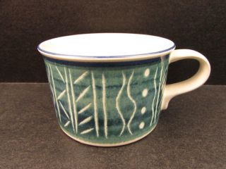 La Paz By Mikasa Flat Coffee Cup Green & Blue Rim White Lines And Dots B200