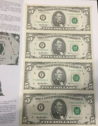1995 $5 Frn - Uncut Sheet Of 4 1985 - - Cu With Bep Sleeve,  York Federal Reserve