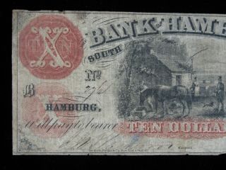 1850 ' s $10 The Bank Of Hamburg South Carolina United States Obsolete Note 2