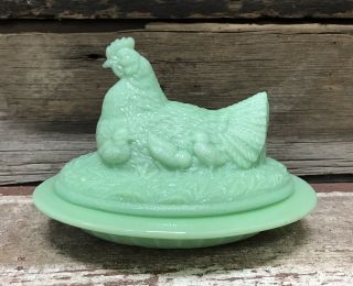 Chicken Hen With Chicks Vintage - Style Jadeite Green Milk Glass Bowl With Lid