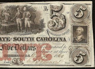1860 $5 Dollar Bill South Carolina Bank Note Large Currency Old Paper Money