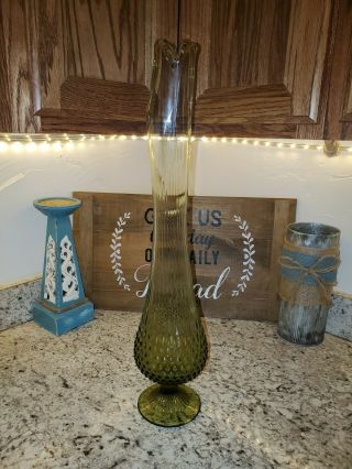 Large Green Vintage Mid Century Fenton Hobnail Swung Stretch Glass Vase 23 " Tall