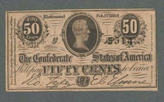 1864 Us.  50 Fifty Cents Confederate States Of America Richmond Note / Bill S356