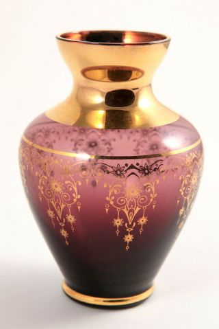 Venetian Vase Vecchia Murano Glass Amethyst Purple 24k Gold Gilt Trim Italy