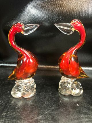 Vtg Set Of 2 Murano? Italian Art Glass Red Pelican Water Bird Figure Statue 7.  5 "