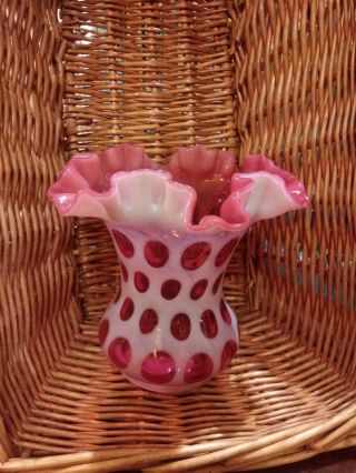 6.  5 " Vintage Fenton Opalescent Cranberry Pink Coin Dot Ruffled Vase