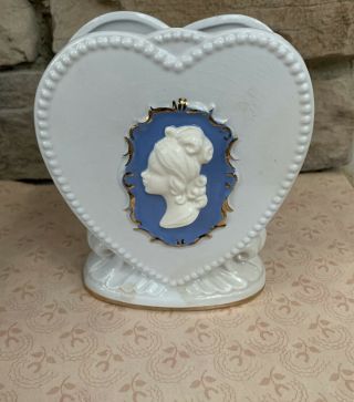 Velco Vintage White On Blue Cameo Heart Shaped Vase Made In Japan
