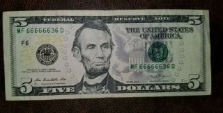 2013 $5 Bill Fancy Serial Number 7 Of A Kind 66666636 Near Solid Double Devil