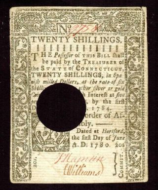 1780 $20 ( (connecticut Colonial Currency))  Twenty Shillings Currency