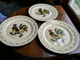 Set Of 3 Vintage Metlox Poppytrail Green Rooster 10 " Dinner Plates