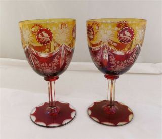 Vintage Pair Bohemian Red Yellow Cut To Clear Etched Flower Wine Glasses 6 3/8 "