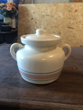 Vintage Mccoy Beige Pottery Crock Bean Pot With Handles And Lid 341 Usa