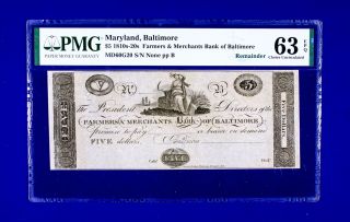 Maryland Farmers & Merchants Bank Of Baltimore $5 Choice Unc Pmg 63 Epq